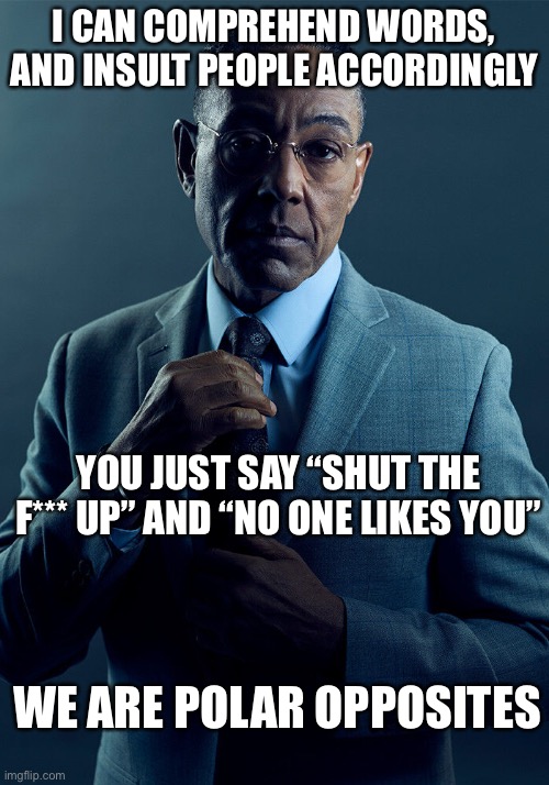 Sion? |  I CAN COMPREHEND WORDS, AND INSULT PEOPLE ACCORDINGLY; YOU JUST SAY “SHUT THE F*** UP” AND “NO ONE LIKES YOU”; WE ARE POLAR OPPOSITES | image tagged in gus fring we are not the same,insult | made w/ Imgflip meme maker