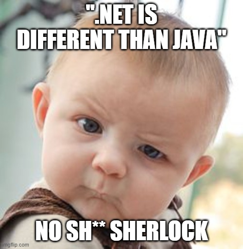 Sitting in a meeting and someone says | ".NET IS DIFFERENT THAN JAVA"; NO SH** SHERLOCK | image tagged in memes,skeptical baby | made w/ Imgflip meme maker