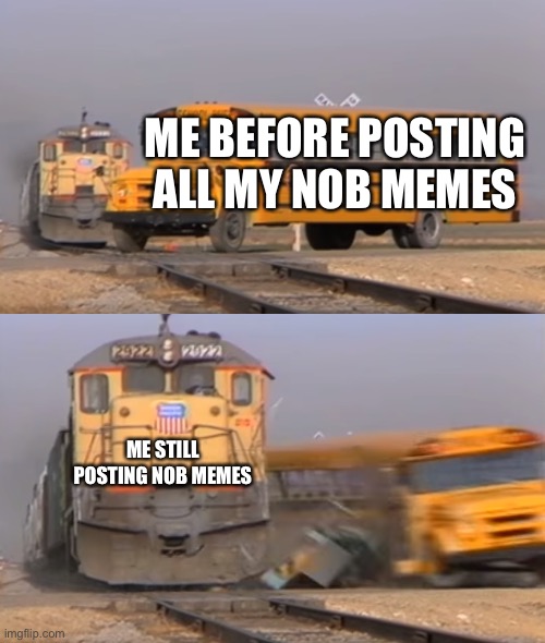 anyone else feel this way? |  ME BEFORE POSTING ALL MY NOB MEMES; ME STILL POSTING NOB MEMES | image tagged in a train hitting a school bus | made w/ Imgflip meme maker