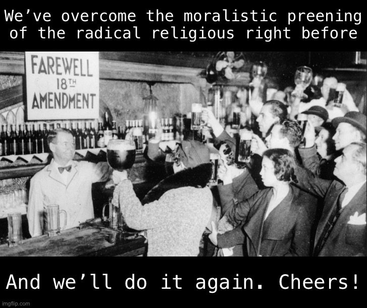 The Prohibitionism movement used to cleave our nation in two. Until, one day, it didn’t. Raise a glass to freedom! | We’ve overcome the moralistic preening of the radical religious right before; And we’ll do it again. Cheers! | image tagged in farewell 18th amendment,prohibition,18th amendment,morals,morality,historical meme | made w/ Imgflip meme maker