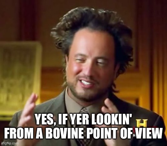 _ | YES, IF YER LOOKIN' FROM A BOVINE POINT OF VIEW | image tagged in memes,ancient aliens | made w/ Imgflip meme maker