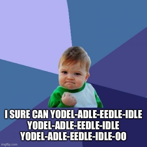 _ | I SURE CAN YODEL-ADLE-EEDLE-IDLE
YODEL-ADLE-EEDLE-IDLE
YODEL-ADLE-EEDLE-IDLE-OO | image tagged in memes,success kid | made w/ Imgflip meme maker