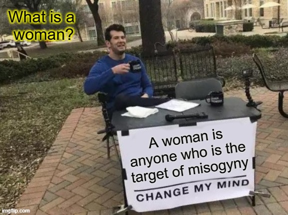 What is a woman? | What is a 
woman? A woman is anyone who is the target of misogyny | image tagged in memes,change my mind | made w/ Imgflip meme maker