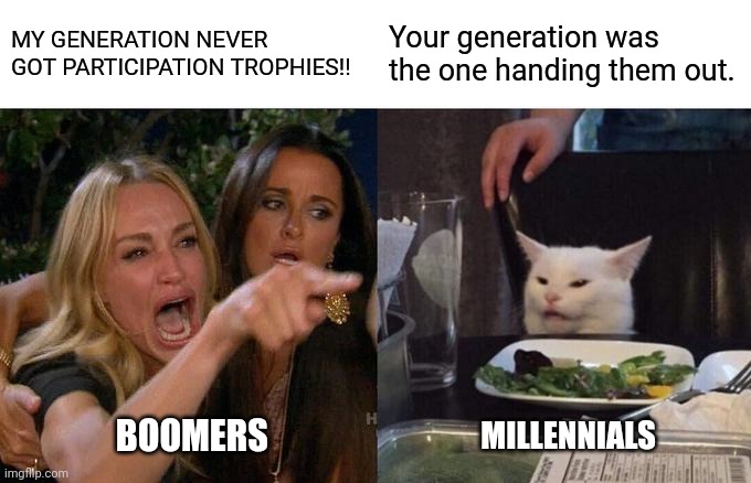 The "We Wish They Were Silent" Generation |  MY GENERATION NEVER GOT PARTICIPATION TROPHIES!! Your generation was the one handing them out. BOOMERS; MILLENNIALS | image tagged in memes,woman yelling at cat,boomers,millennials,participation trophy | made w/ Imgflip meme maker