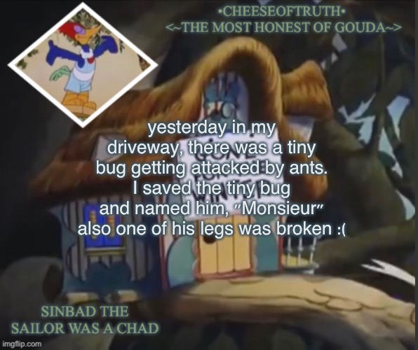 he's probably dead by now | yesterday in my driveway, there was a tiny bug getting attacked by ants. I saved the tiny bug and named him, "Monsieur" also one of his legs was broken :( | image tagged in cheeseoftruth's other template | made w/ Imgflip meme maker