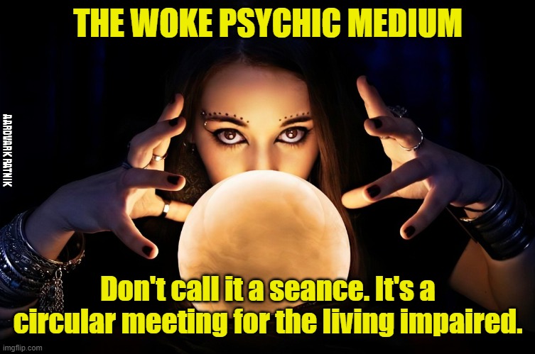 WOKE PSYCHIC | THE WOKE PSYCHIC MEDIUM; AARDVARK RATNIK; Don't call it a seance. It's a circular meeting for the living impaired. | image tagged in special snowflake,funny memes,psychic,fortune teller,woke | made w/ Imgflip meme maker
