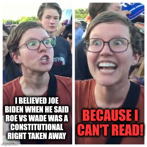 It would be sad if it wasn't so tragic | I BELIEVED JOE
BIDEN WHEN HE SAID
ROE VS WADE WAS A
CONSTITUTIONAL
RIGHT TAKEN AWAY; BECAUSE I
CAN'T READ! | image tagged in social justice warrior hypocrisy,memes,roe vs wade,joe biden,constitutional right,abortion | made w/ Imgflip meme maker