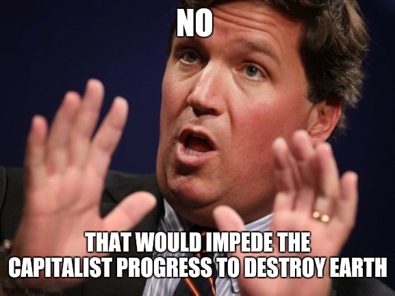 Tucker Fucker | NO THAT WOULD IMPEDE THE CAPITALIST PROGRESS TO DESTROY EARTH | image tagged in tucker fucker | made w/ Imgflip meme maker