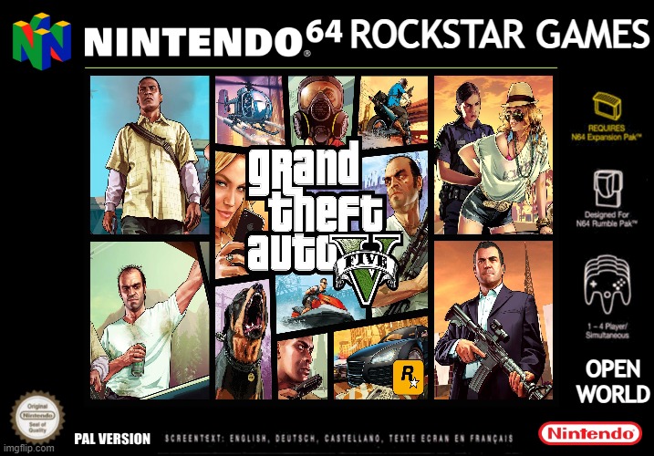 GTA 5 for the n64 | ROCKSTAR GAMES; OPEN WORLD | image tagged in grand theft auto,n64,memes,meme,nintendo 64 | made w/ Imgflip meme maker