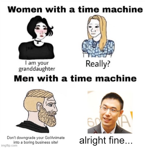 Hey, you'd probably do the same thing if time travel was real... | Don't downgrade your Go!Animate into a boring business site! alright fine... | image tagged in men with a time machine,goanimate,memes,funny | made w/ Imgflip meme maker