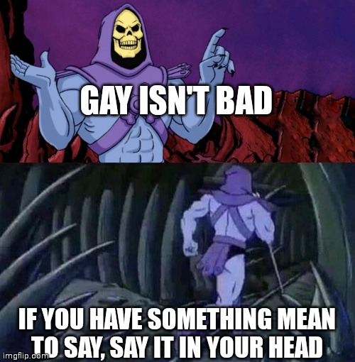 he man skeleton advices | GAY ISN'T BAD; IF YOU HAVE SOMETHING MEAN TO SAY, SAY IT IN YOUR HEAD | image tagged in he man skeleton advices | made w/ Imgflip meme maker