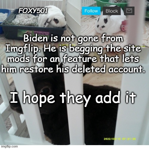 It would be nice to see him come back. |  Biden is not gone from Imgflip. He is begging the site mods for an feature that lets him restore his deleted account. I hope they add it | image tagged in foxy501 announcement template,president_joe_biden,deleted accounts,site mods | made w/ Imgflip meme maker