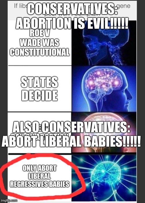 CONSERVATIVES: ABORTION IS EVIL!!!!! ALSO CONSERVATIVES: ABORT LIBERAL BABIES!!!!! | made w/ Imgflip meme maker