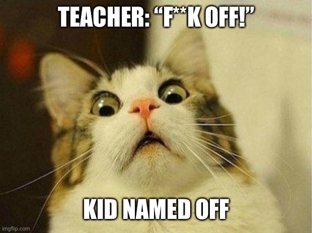 Scared Cat | TEACHER: “F**K OFF!”; KID NAMED OFF | image tagged in memes,scared cat | made w/ Imgflip meme maker