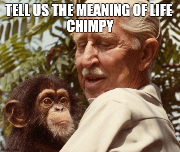 Cornelius | TELL US THE MEANING OF LIFE 
CHIMPY | image tagged in cornelius | made w/ Imgflip meme maker