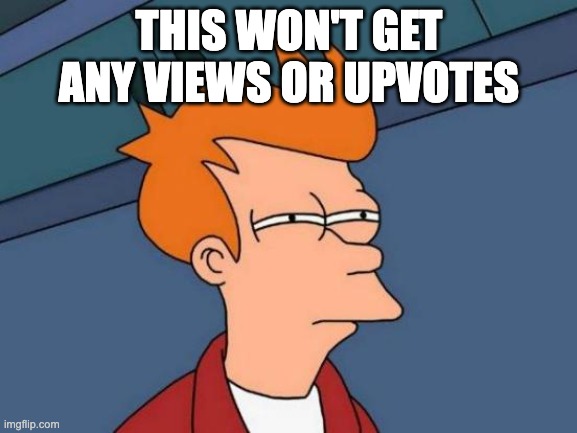 This is not gonna be popular | THIS WON'T GET ANY VIEWS OR UPVOTES | image tagged in memes,futurama fry | made w/ Imgflip meme maker