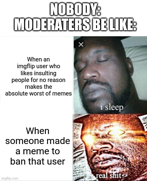 Sleeping Shaq | NOBODY:
MODERATERS BE LIKE:; When an imgflip user who likes insulting people for no reason makes the absolute worst of memes; When someone made a meme to ban that user | image tagged in memes,sleeping shaq | made w/ Imgflip meme maker