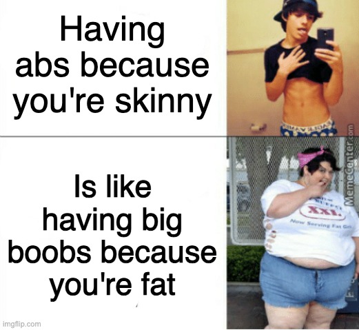 Skinny abs = Fat boobs | Having abs because you're skinny; Is like having big boobs because you're fat | image tagged in funny memes,memes,really fat girl | made w/ Imgflip meme maker