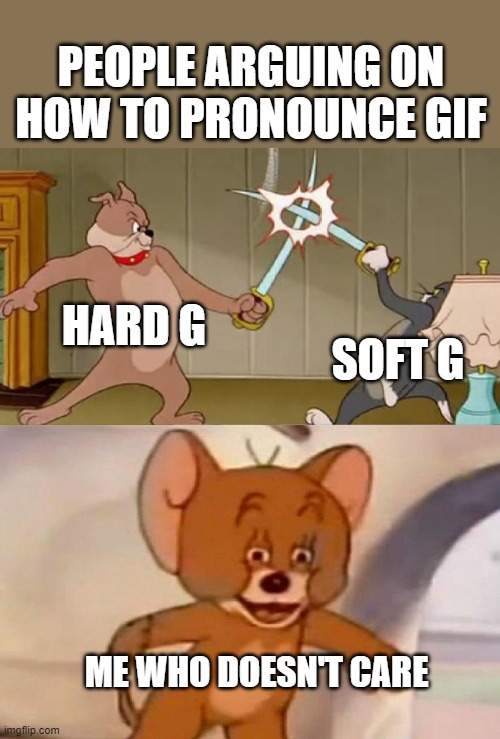 Tom and Jerry swordfight |  PEOPLE ARGUING ON HOW TO PRONOUNCE GIF; HARD G; SOFT G; ME WHO DOESN'T CARE | image tagged in tom and jerry swordfight | made w/ Imgflip meme maker