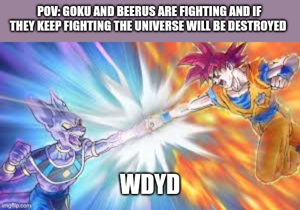 POV: GOKU AND BEERUS ARE FIGHTING AND IF THEY KEEP FIGHTING THE UNIVERSE WILL BE DESTROYED; WDYD | made w/ Imgflip meme maker