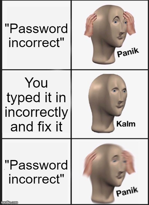 Looks like you got hacked | "Password incorrect"; You typed it in incorrectly and fix it; "Password incorrect" | image tagged in memes,panik kalm panik | made w/ Imgflip meme maker