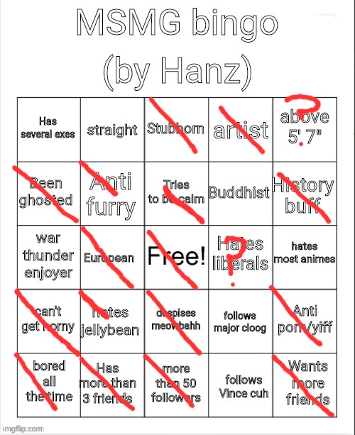 idk my height; also the half-slashes are ones that are kinda like me | image tagged in hanz bingo,hanz is superior to most of the,msmg users | made w/ Imgflip meme maker