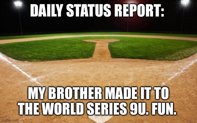 baseball | DAILY STATUS REPORT:; MY BROTHER MADE IT TO THE WORLD SERIES 9U. FUN. | image tagged in baseball,daily,status,report | made w/ Imgflip meme maker