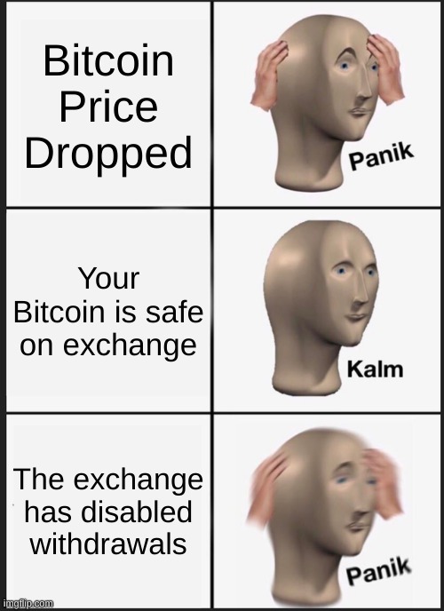 Not your keys, Not your coins | Bitcoin Price Dropped; Your Bitcoin is safe on exchange; The exchange has disabled withdrawals | image tagged in memes,panik kalm panik,bitcoin | made w/ Imgflip meme maker