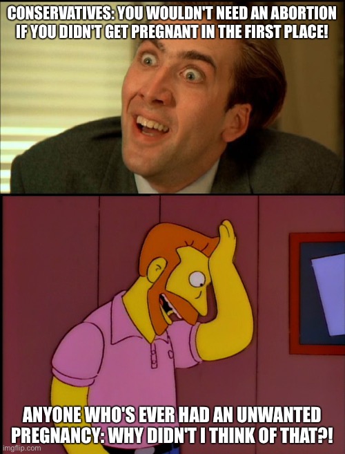 CONSERVATIVES: YOU WOULDN'T NEED AN ABORTION IF YOU DIDN'T GET PREGNANT IN THE FIRST PLACE! ANYONE WHO'S EVER HAD AN UNWANTED PREGNANCY: WHY DIDN'T I THINK OF THAT?! | image tagged in you don't say - nicholas cage,hank scorpio | made w/ Imgflip meme maker
