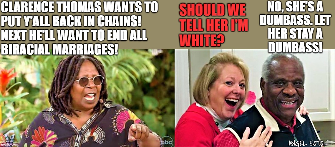 Whoopi Goldberg, Clarence and Mrs. Thomas |  CLARENCE THOMAS WANTS TO 
PUT Y'ALL BACK IN CHAINS!
NEXT HE'LL WANT TO END ALL
BIRACIAL MARRIAGES! NO, SHE'S A
DUMBASS. LET
HER STAY A
DUMBASS! SHOULD WE
TELL HER I'M
WHITE? ANGEL SOTO | image tagged in political humor,whoopi goldberg,clarence thomas,scotus,biracial,dumbass | made w/ Imgflip meme maker