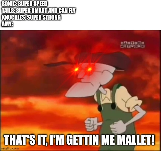 Credit to a user on YouTube for the Inspiration. | SONIC: SUPER SPEED
TAILS: SUPER SMART AND CAN FLY 
KNUCKLES: SUPER STRONG 
AMY:; THAT'S IT, I'M GETTIN ME MALLET! | image tagged in that's it i'm getting me mallet | made w/ Imgflip meme maker
