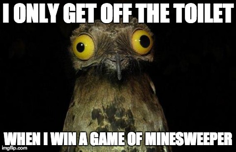 Weird Stuff I Do Potoo Meme | I ONLY GET OFF THE TOILET WHEN I WIN A GAME OF MINESWEEPER | image tagged in memes,weird stuff i do potoo | made w/ Imgflip meme maker