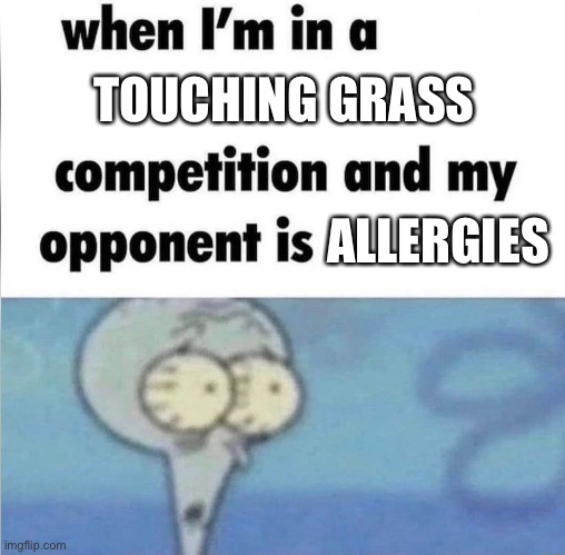 Sad | TOUCHING GRASS; ALLERGIES | image tagged in whe i'm in a competition and my opponent is | made w/ Imgflip meme maker