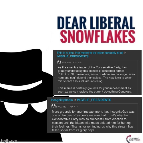 Roasting these Leftist snowflakes who make vicious assaults on IncongitoGuy’s legacy because they have no policies of their own. | image tagged in dear liberal snowflakes incognitoguy,s,n,o,w,flakes | made w/ Imgflip meme maker