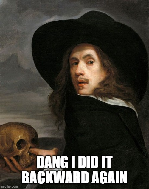 Michael Sweerts, Self-portrait with Skull | DANG I DID IT BACKWARD AGAIN | image tagged in michael sweerts self-portrait with skull | made w/ Imgflip meme maker