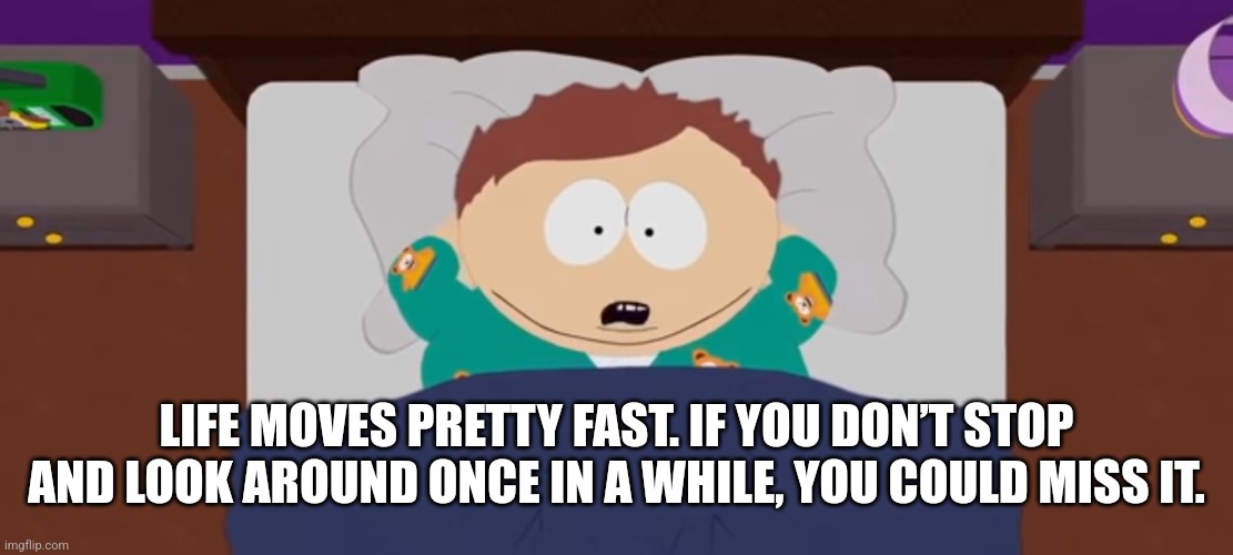 Eric Cartman Buellar | LIFE MOVES PRETTY FAST. IF YOU DON’T STOP AND LOOK AROUND ONCE IN A WHILE, YOU COULD MISS IT. | image tagged in eric cartman buellar | made w/ Imgflip meme maker