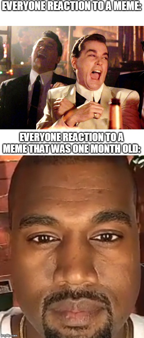 EVERYONE REACTION TO A MEME:; EVERYONE REACTION TO A MEME THAT WAS ONE MONTH OLD: | image tagged in memes,good fellas hilarious,kanye west stare | made w/ Imgflip meme maker