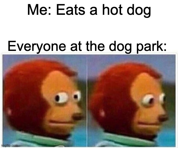 Why does this look like my dog sparkles? | Me: Eats a hot dog; Everyone at the dog park: | image tagged in memes,monkey puppet,dogs,wait a fricking second | made w/ Imgflip meme maker