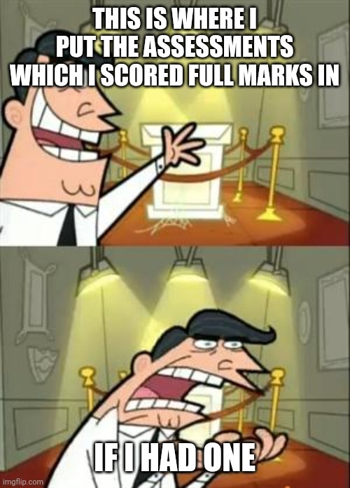 Lol | THIS IS WHERE I PUT THE ASSESSMENTS WHICH I SCORED FULL MARKS IN; IF I HAD ONE | image tagged in memes,this is where i'd put my trophy if i had one | made w/ Imgflip meme maker