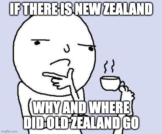 hm | IF THERE IS NEW ZEALAND; WHY AND WHERE DID OLD ZEALAND GO | image tagged in thinking meme,hmmm | made w/ Imgflip meme maker