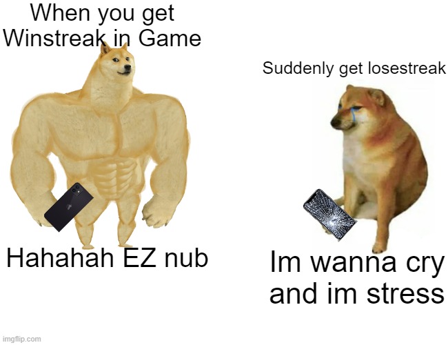 Buff Doge vs. Cheems | When you get Winstreak in Game; Suddenly get losestreak; Hahahah EZ nub; Im wanna cry and im stress | image tagged in memes,buff doge vs cheems | made w/ Imgflip meme maker