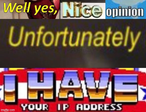 Well yes, nice opinion. Unfortunately I have your IP address | image tagged in well yes nice opinion unfortunately i have your ip address | made w/ Imgflip meme maker