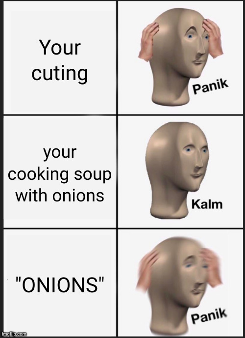 "onions" | Your cuting; your cooking soup with onions; "ONIONS" | image tagged in memes,panik kalm panik | made w/ Imgflip meme maker