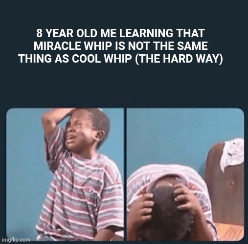 dissapointed | 8 YEAR OLD ME LEARNING THAT MIRACLE WHIP IS NOT THE SAME THING AS COOL WHIP (THE HARD WAY) | image tagged in black kid crying with knife,sad,memes | made w/ Imgflip meme maker