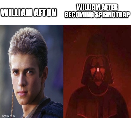 Anakin Becoming evil | WILLIAM AFTER BECOMING SPRINGTRAP; WILLIAM AFTON | image tagged in now and then,fnaf,william afton,springtrap | made w/ Imgflip meme maker