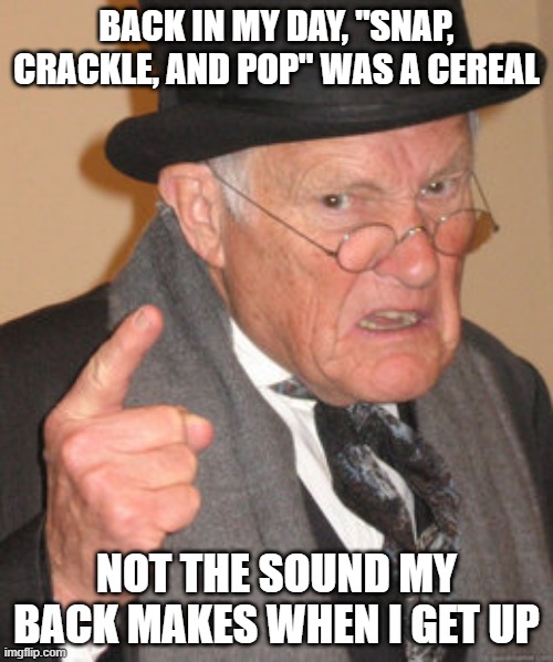 Getting older ain't fun but at least it beats the alternative |  BACK IN MY DAY, "SNAP, CRACKLE, AND POP" WAS A CEREAL; NOT THE SOUND MY BACK MAKES WHEN I GET UP | image tagged in memes,back in my day | made w/ Imgflip meme maker