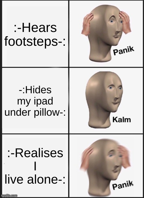 Bruh |  :-Hears footsteps-:; -:Hides my ipad under pillow-:; :-Realises I live alone-: | image tagged in memes,panik kalm panik,lol | made w/ Imgflip meme maker