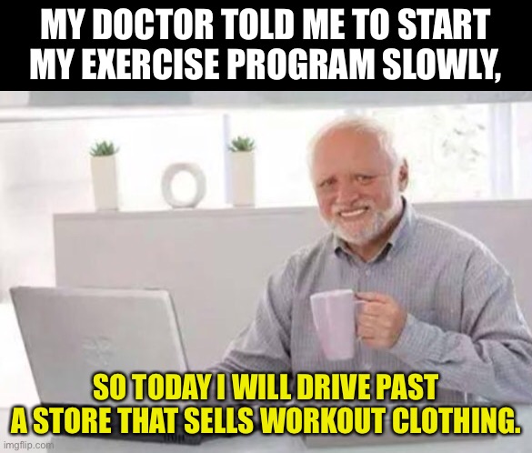 Doctor | MY DOCTOR TOLD ME TO START MY EXERCISE PROGRAM SLOWLY, SO TODAY I WILL DRIVE PAST A STORE THAT SELLS WORKOUT CLOTHING. | image tagged in harold | made w/ Imgflip meme maker