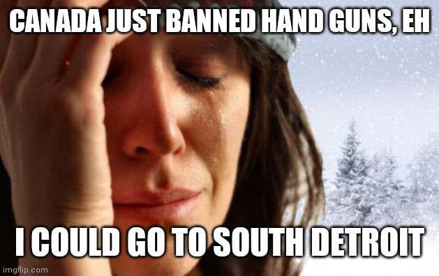 1st World Canadian Problems Meme | CANADA JUST BANNED HAND GUNS, EH I COULD GO TO SOUTH DETROIT | image tagged in memes,1st world canadian problems | made w/ Imgflip meme maker