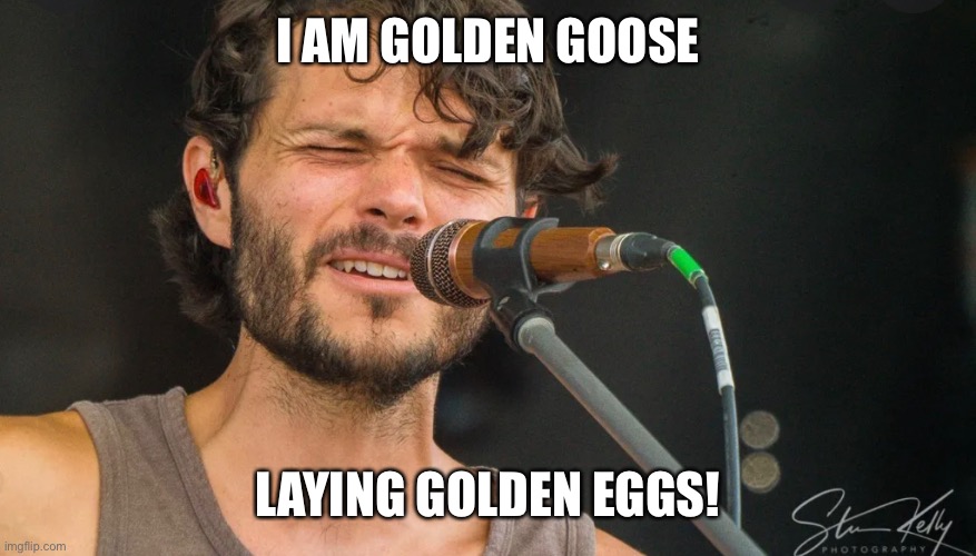 Rick Mitarotonda Golden goose | I AM GOLDEN GOOSE; LAYING GOLDEN EGGS! | image tagged in rick mitarotonda,deadhead,shakedown street,jerry garcia,dead and company,goose band | made w/ Imgflip meme maker